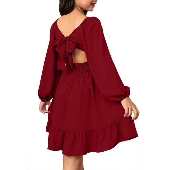 YOUYEDIAN Wine Girls Dresses Size 10-12 Elegant Casual Dress 2025 Summer Smocked Tie Back Princess Dress Up for Girls 4-6 Square Neck Puff Sleeve Midi Dress,Wine 14-15 Years