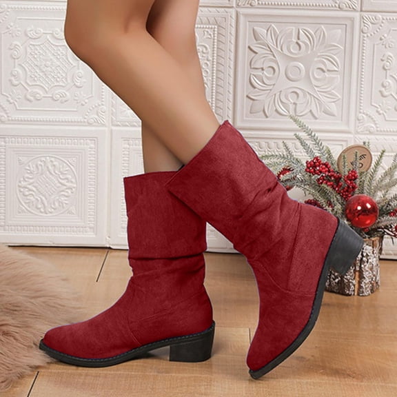 YOUYEDIAN Women'S Boots - Large Size, Thick Heel, Pointed Toe, Mid-Calf Length - Suitable For Autumn And Winter Outfits Wine