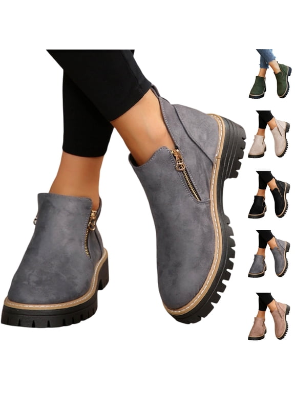 Women's Ankle Boots & Booties Fall Low Heel Platform Faux Suede Boots Winter Casual Fashion Chunky Short Shoes (Gray)