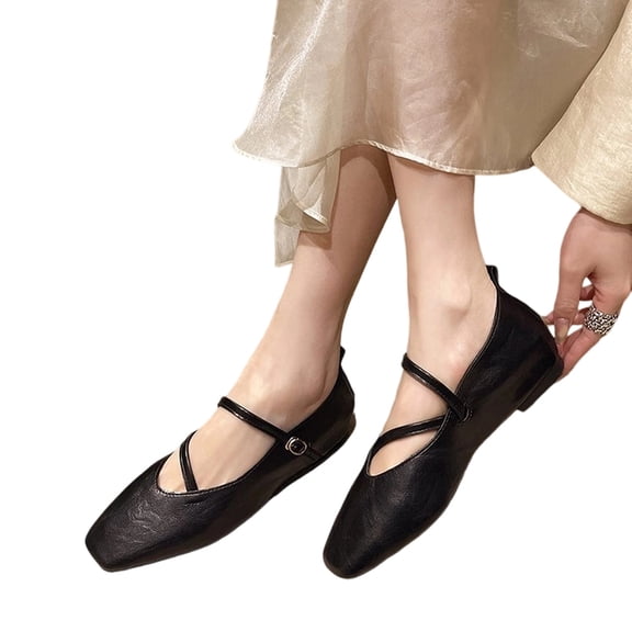 YOUYEDIAN Women's Classic Leather Square Toe Flat Mary Shoes Fashion Buckle Casual Ballet Shoes Comfortable Closed Toe Work Dress Shoes