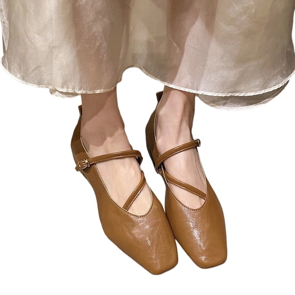 YOUYEDIAN Women's Classic Leather Square Toe Flat Mary Shoes Fashion Buckle Casual Ballet Shoes Comfortable Closed Toe Work Dress Shoes