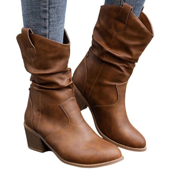 YOUYEDIAN Women's Fashion Mid Calf Round Toe Chunky Heel Boots Pull Boots - Black PU Leather