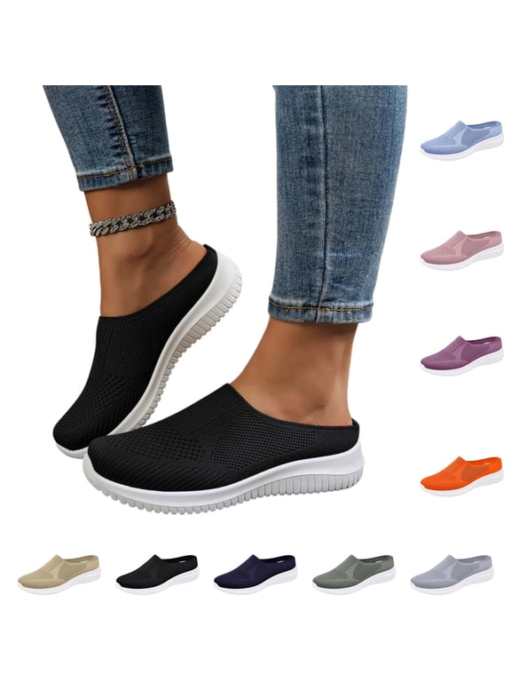 Women's Knitted Mesh Walking Mules Orthopedic Shoes Fashion Backless Breathable Lightweight Slip On Sneakers Soft Sole Non-Slip Loafers