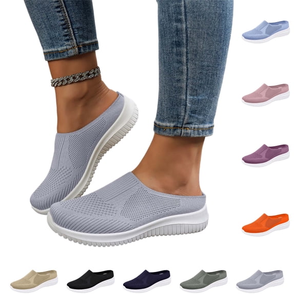 YOUYEDIAN Women's Knitted Mesh Walking Mules Orthopedic Shoes for Women Fashion Backless Breathable Lightweight Slip On Sneakers Soft Sole Non-Slip Loafers (Gray, 9 Wide)
