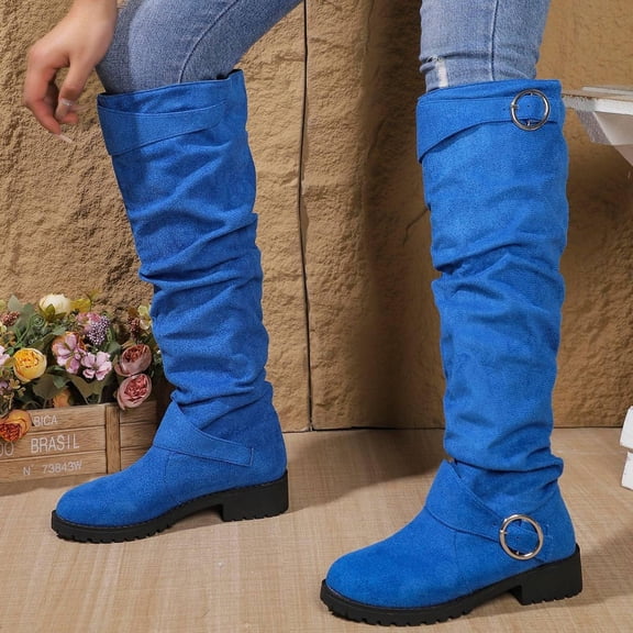 YOUYEDIAN Women's Slouchy Knee High Boots Comfortable Wide Calf Platform Flat Tall Boot Stylish Round Toe Fall Winter Casual Boots for Women Blue