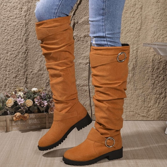 YOUYEDIAN Women's Slouchy Knee High Boots Comfortable Wide Calf Platform Flat Tall Boot Stylish Round Toe Fall Winter Casual Boots for Women Ginger
