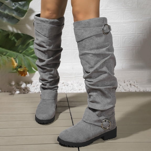 YOUYEDIAN Women's Slouchy Knee High Boots Comfortable Wide Calf Platform Flat Tall Boot Stylish Round Toe Fall Winter Casual Boots for Women Gray