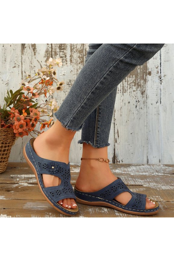 Womens Orthopedic Sandals Arch Support Flat Wedge Sandals Lightweight Non Slip Slip on Walking Shoes Comfort 2026 Foam Shoes (Blue)
