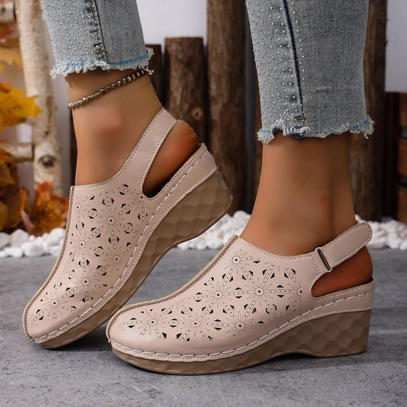 YOUYEDIAN Womens Orthopedic Sandals Arch Support Flat Wedge Sandals Wide Width Slip on Non Slip Work Shoes Soft 2026 New Orthopedic Shoes (Beige)
