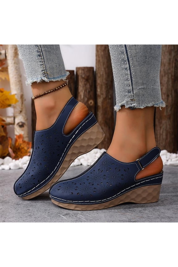 Womens Orthopedic Sandals Arch Support Flat Wedge Sandals Wide Width Slip on Non Slip Work Shoes Soft 2026 New Orthopedic Shoes (Navy)
