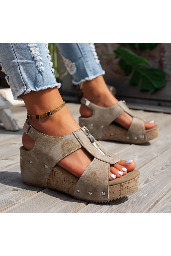 Womens Orthopedic Sandals Non Slip Slip on Arch Support Flat Wedge Sandals Wide Width Beach Slippers 2026 Comfort Foam Shoes (Khaki)