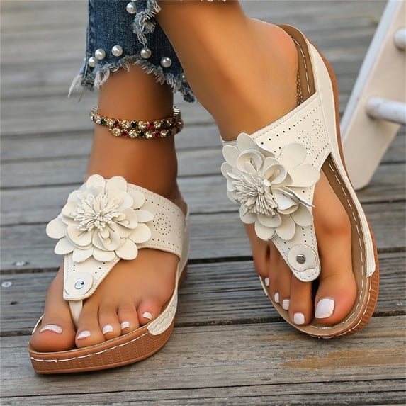 YOUYEDIAN Womens Orthopedic Sandals Non Slip Slip on Arch Support Summer Flat Sandals Breathable Walking Shoes 2026 Vacation Beach Foam Shoes (Beige)