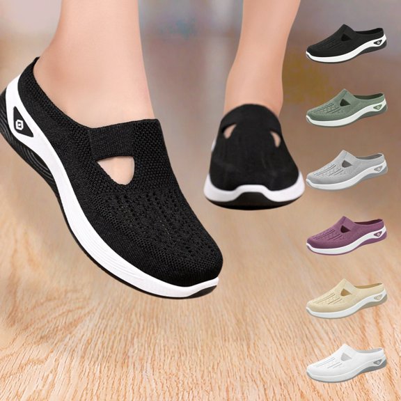 YOUYEDIAN Womens Orthopedic Shoes Arch Support Running Shoes Wide Width Slip on Non Slip Server Shoes Knitted Mesh Stretch Soft 2026 New Foam Shoes (Black)