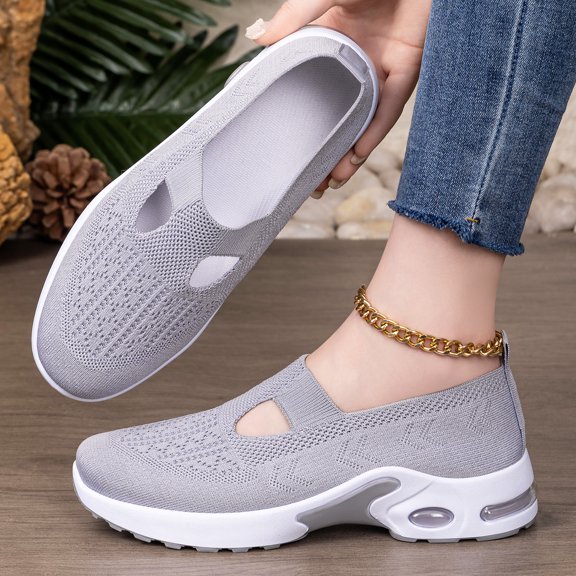 YOUYEDIAN Womens Orthopedic Shoes Arch Support Slip on Non Slip Sneakers Wide Width Knitted Mesh Stretch Work Shoes Soft 2026 Foam Shoes (Gray)