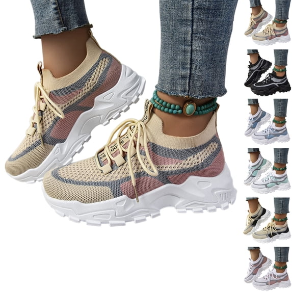 YOUYEDIAN Womens Orthopedic Shoes Arch Support Work Shoes Lightweight Non Slip Slip on Volleyball Shoes Knitted Mesh Stretch Comfortable 2026 New Foam Shoes (Beige)