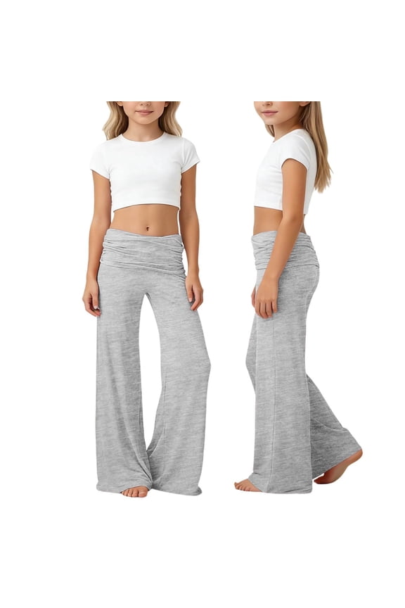 Yoga Pants Girls Fold Over Low Waist Wide Leg Sweatpants Flare Leggings Bell Bottoms Y2K Foldover Pants (Light Gray, 6-7 Years)