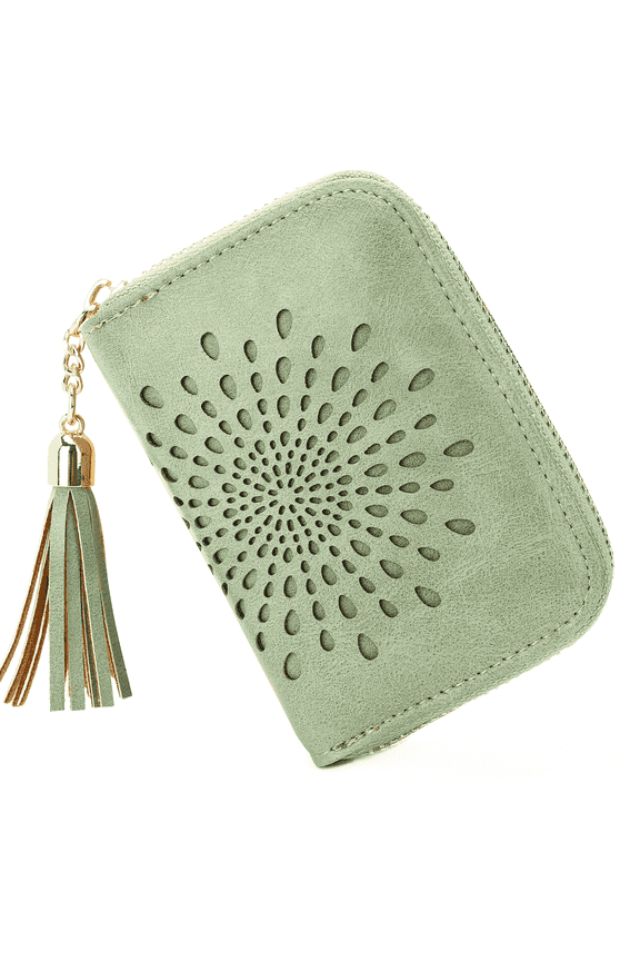 RFID Secure Credit Card Case for Women, Vegan Leather Mini Zipper Wallet with Keychain & ID Window, Elegant Sunflower Pattern GREEN