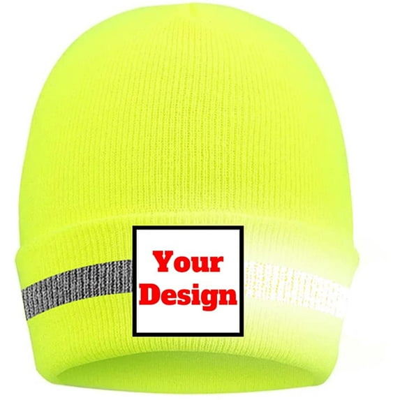 YOWESHOP Hi Vis Safety Beanie Hat Customize Your Logo Winter Knit Hat with Reflective Strips Unisex