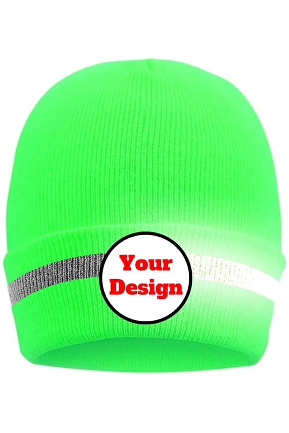 Hi Vis Safety Beanie Hat Customize Your Logo Winter Knit Hat with Reflective Strips Unisex