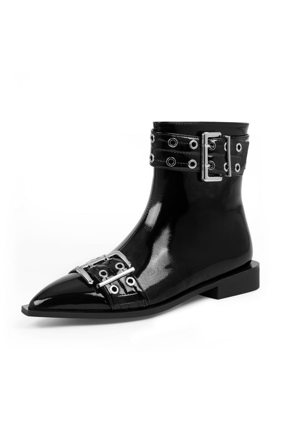 Women's Ankle Boots Pointed Toe Patent Leather Buckle Strap Low Chunky Heel Side Zipper Goth Booties (Black,10)
