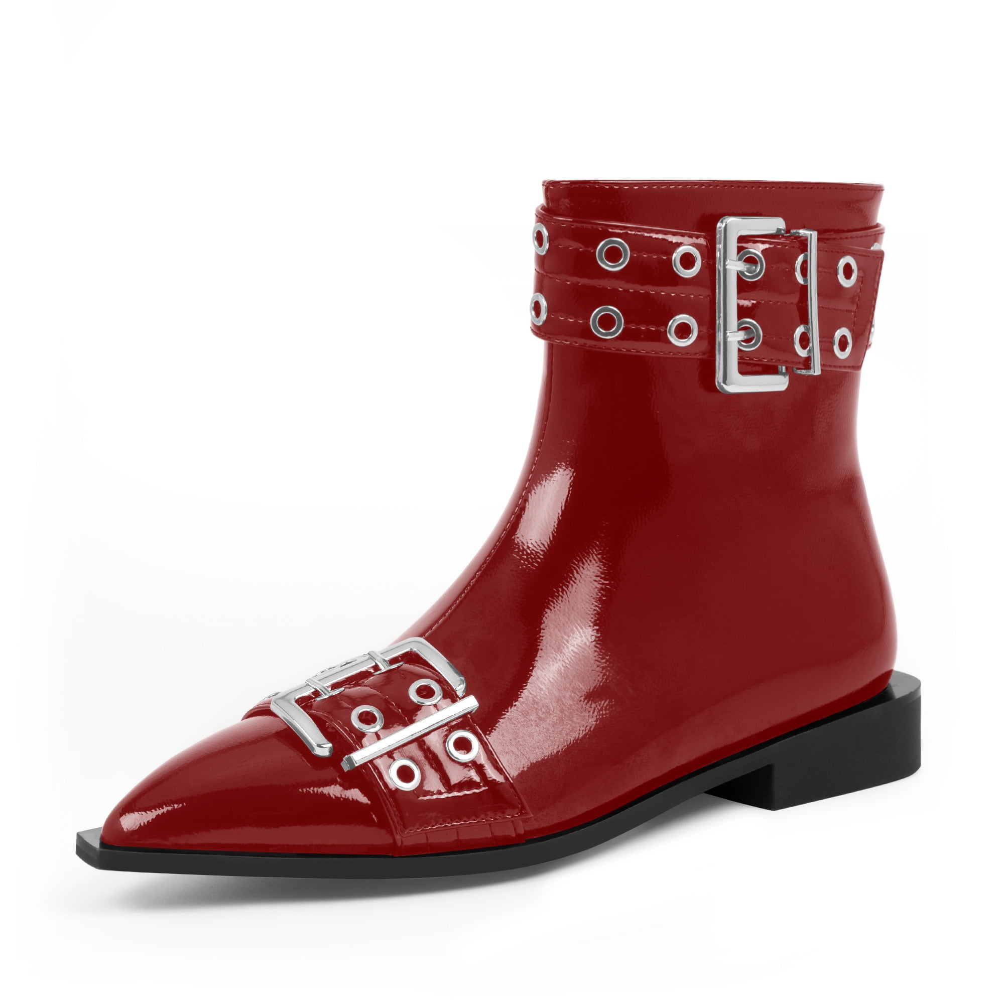 YOWMNS Women's Ankle Boots Pointed Toe Patent Leather Buckle Strap