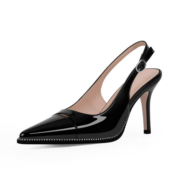 YOWMNS Women's Beaded Stilettos High Heel Slingback Pumps Pointed Toe Patent Leather Slip On Adjustable Buckle Strap Dress Shoes (Black,6)