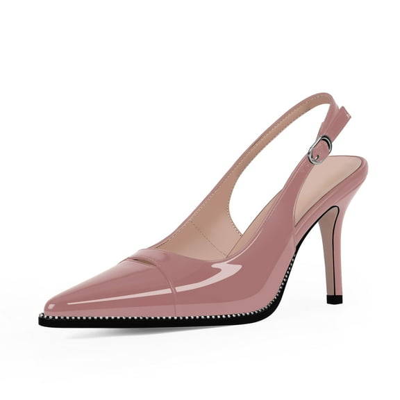 YOWMNS Women's Beaded Stilettos High Heel Slingback Pumps Pointed Toe Patent Leather Slip On Adjustable Buckle Strap Dress Shoes