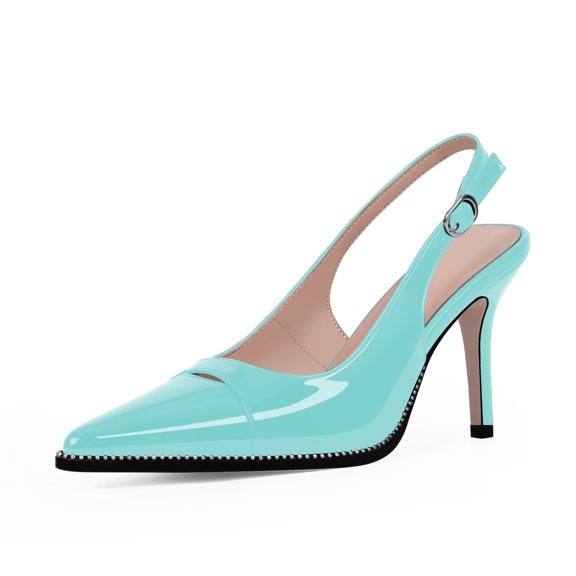 YOWMNS Women's Beaded Stilettos High Heel Slingback Pumps Pointed Toe Patent Leather Slip On Adjustable Buckle Strap Dress Shoes