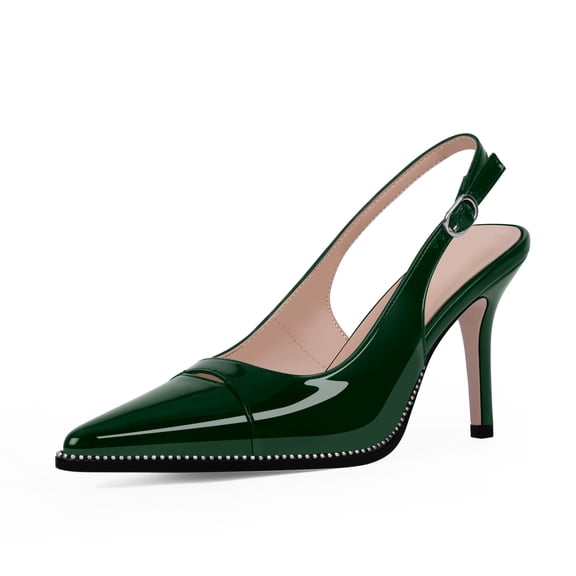 YOWMNS Women's Beaded Stilettos High Heel Slingback Pumps Pointed Toe Patent Leather Slip On Adjustable Buckle Strap Dress Shoes