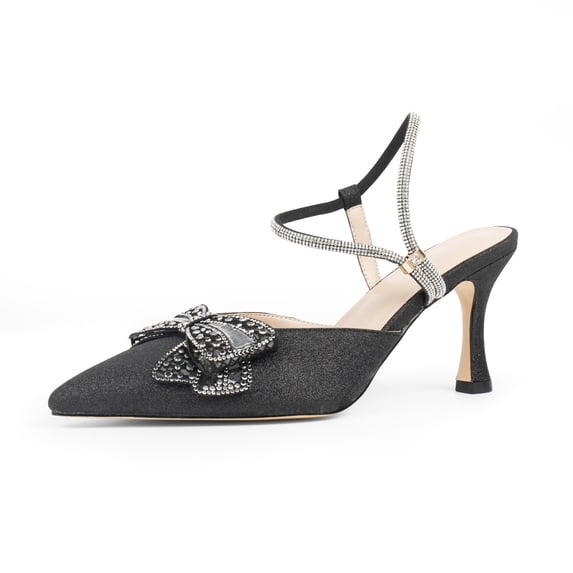 YOWMNS Women's Bow Glitter Kitten Heels Closed Pointed Toe Pumps Rhinestone Ankle Strap Dress Shoes (Black,7)