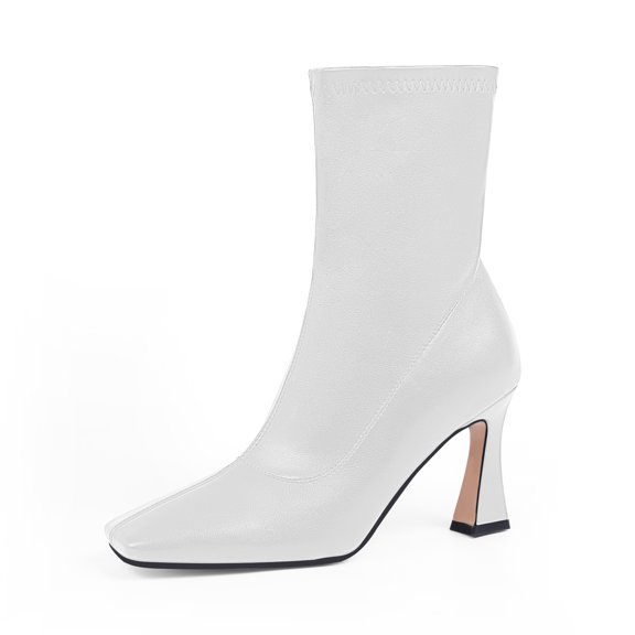 YOWMNS Women's Closed Square Toe Stiletto High Heel Fall Ankle Boots with Side Zipper Elegantes Fashion Dress booties(White, 8.5)