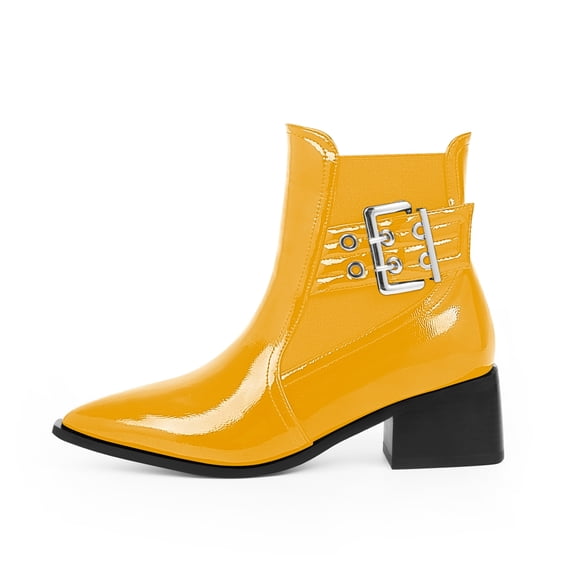 YOWMNS Women's Closed Toe Block Chunky Low Heel Slip On Buckle Strap Ankle Boots Casual Comfortable Elastic Patent Leather Booties