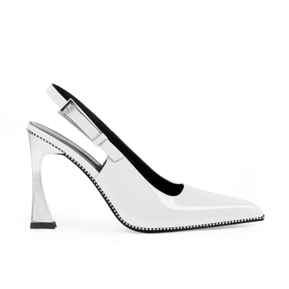 YOWMNS Women's Closed Toe High Heel Slingback Beaded Pumps Sexy Buckle Strap Square Toe Slip On Patent Leather Dress Shoes (White,10)