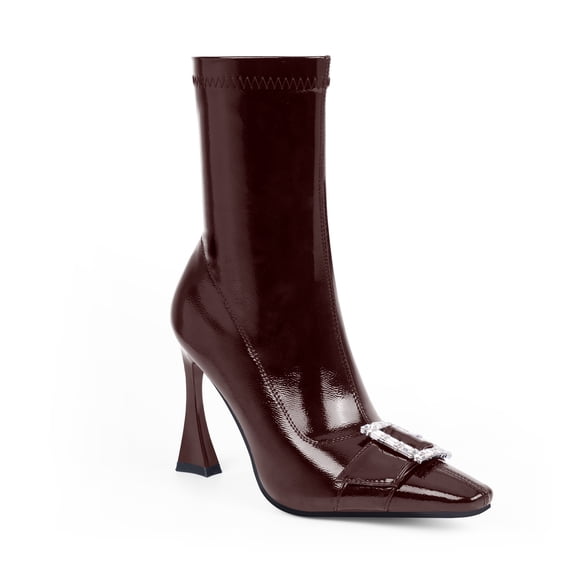 YOWMNS Women's Fashion Rhinestone Buckle Stiletto High Heel Ankle Boots Closed Square Toe with Side Zipper Patent Leather Dress Party Booties(Black, 19)