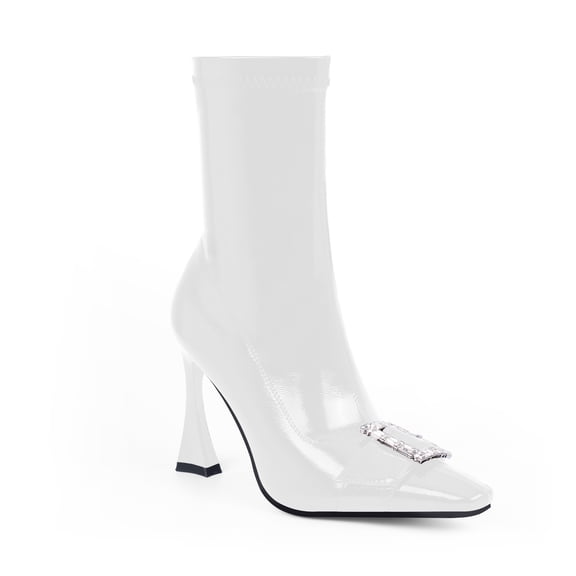 YOWMNS Women's Fashion Rhinestone Buckle Stiletto High Heel Ankle Boots Closed Square Toe with Side Zipper Patent Leather Dress Party Booties(Black, 38)