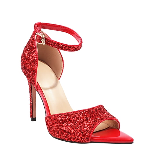 YOWMNS Women's Fashion Stiletto High Heels Ankle Strap Sequined Cloth Sandals