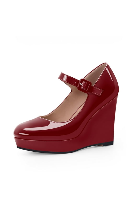 Women's Mary Jane Wedges Heel Pumps Patent Leather Comfort Ankle StrapRound Toe Party Dress Shoes