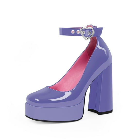 YOWMNS Women's Platform High Block Heel Pumps Square Toe Ankle Strap Heart Buckle Patent Leather Party Prom Dress Shoes