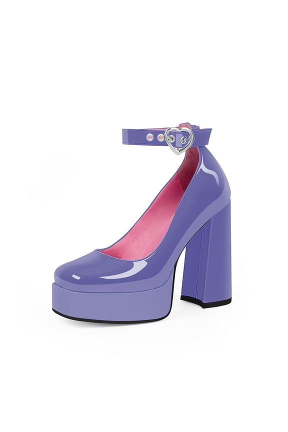 Women's Platform High Block Heel Pumps Square Toe Ankle Strap Heart Buckle Patent Leather Party Prom Dress Shoes