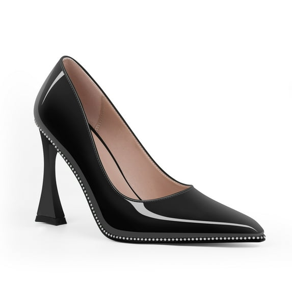 YOWMNS Women's Pointed Toe High Stiletto Heel Pumps Beaded Patent Leather Slip-On Wedding Party Dress Shoes (Black,6)