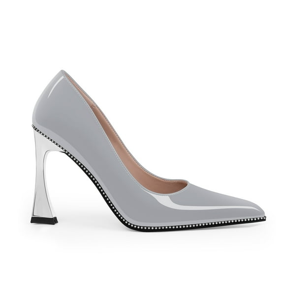 YOWMNS Women's Pointed Toe High Stiletto Heel Pumps Beaded Patent Leather Slip-On Wedding Party Dress Shoes (Grey,9.5)