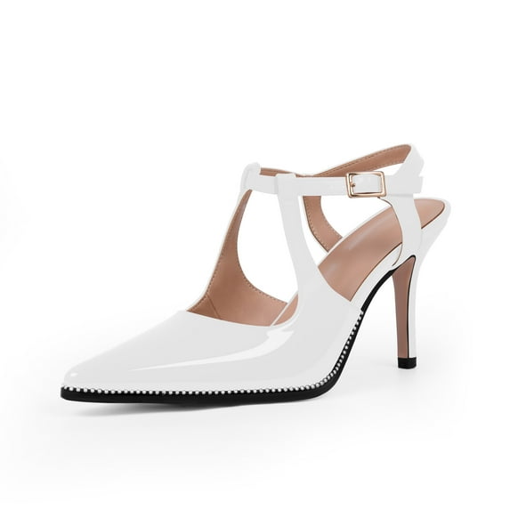 YOWMNS Women's T-Strap Silver Bead High Heels Closed Pointed Toe Adjustable Buckle Strap Dress Shoes Sexy Hollow Out Stiletto Heel Patent Leather Pumps