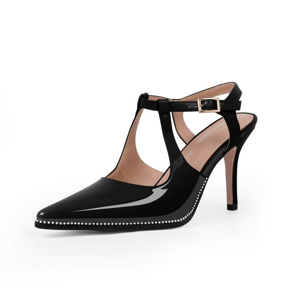 YOWMNS Women's T-Strap Silver Bead High Heels Closed Pointed Toe Adjustable Buckle Strap Dress Shoes Sexy Hollow Out Stiletto Heel Patent Leather Pumps (Black,8.5)