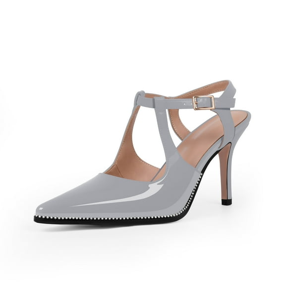 YOWMNS Women's T-Strap Silver Bead High Heels Closed Pointed Toe Adjustable Buckle Strap Dress Shoes Sexy Hollow Out Stiletto Heel Patent Leather Pumps