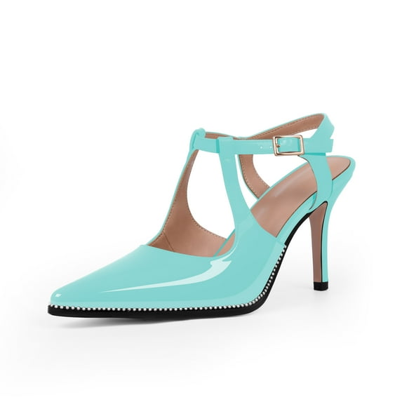 YOWMNS Women's T-Strap Silver Bead High Heels Closed Pointed Toe Adjustable Buckle Strap Dress Shoes Sexy Hollow Out Stiletto Heel Patent Leather Pumps