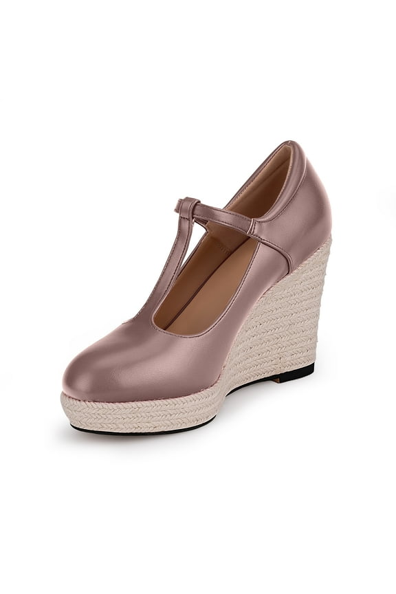 Women's T-Strap espadrilles Wedges sandals Platform Buckle Strap closed Toe comfortable heeled sandals(pink, 9)