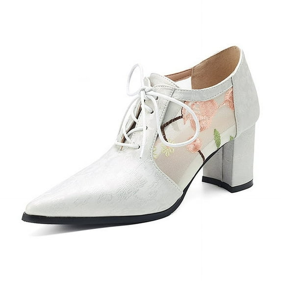YOWMNS women's elegant embroidered lace up high heels with pointed square heel design