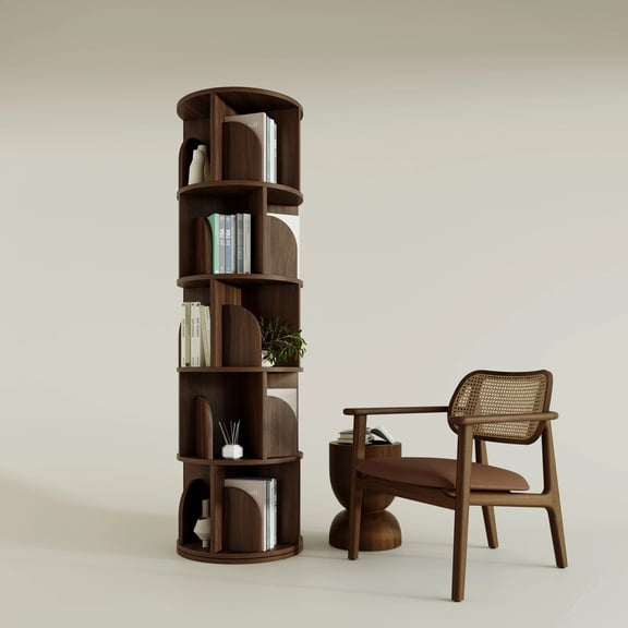YOWOS 5-Tier Rotating Shelf Unit, 360 Swivel Wood Organizer for Small Spaces, Walnut