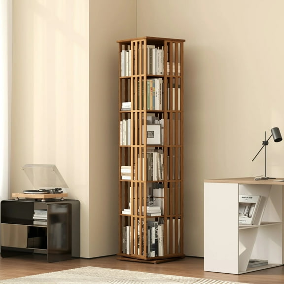 YOWOS Bamboo Rotating Corner Shelf, 6-Tier Bookcase Tower with Display Organizer and Floor Storage Rack, Walnut