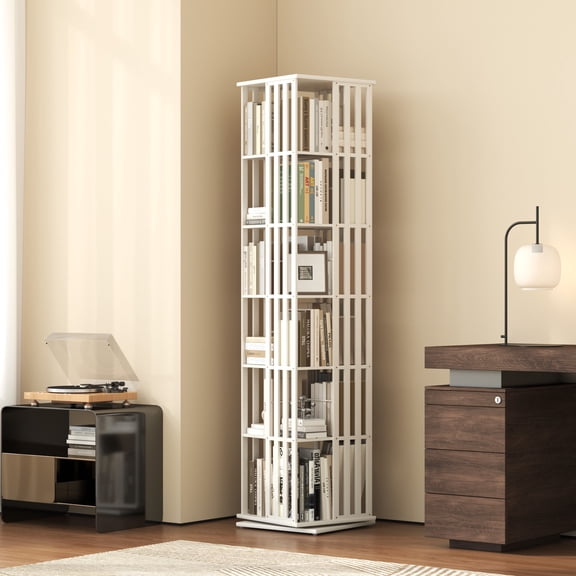 YOWOS Bamboo Rotating Bookcase Tower, 6-Tier White Bookshelf 360° Swivel Corner Shelf with Display Organizer & Floor Storage Rack, Narrow Space-Saving Design